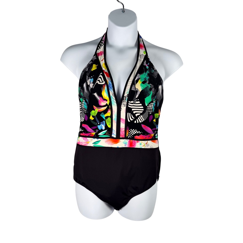 Sonsie by Gracing Womens 22W Halter One Piece Swimsuit Black Floral Abstract